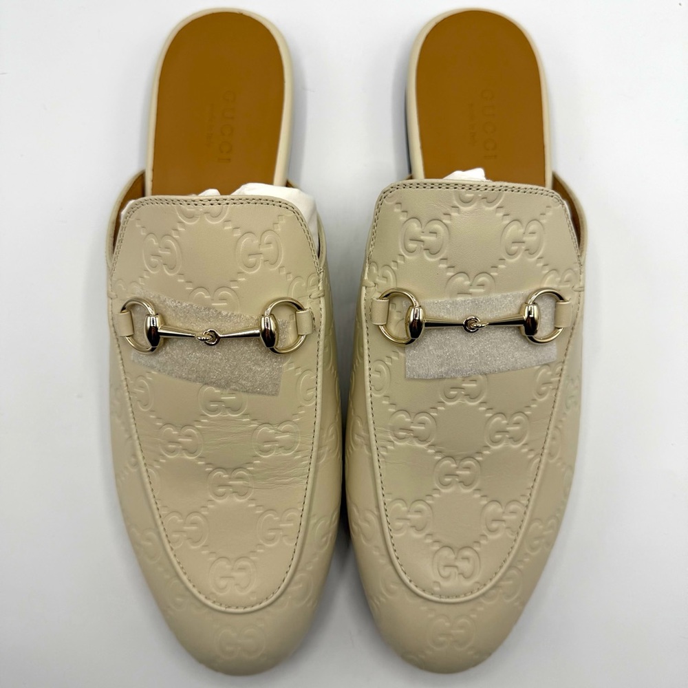 NEW Gucci Ivory GG Logo Monogram Pattern Princetown Mule Horse Bit Loafers EU 39